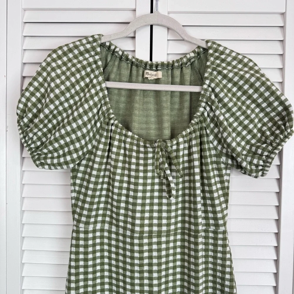 Madewell Puff-Sleeve Jacquard Mini Dress in Gingham Check Green Size XS - Picture 3 of 10